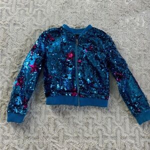 JoJo's Closet Flip Sequin Bomber Jacket Blue With Pink Stars size 4/5